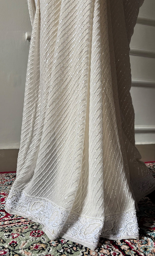 Women's Lakhnavi Handcrafted Pure Silk Georgette Chikankari Saree - HONC0313293