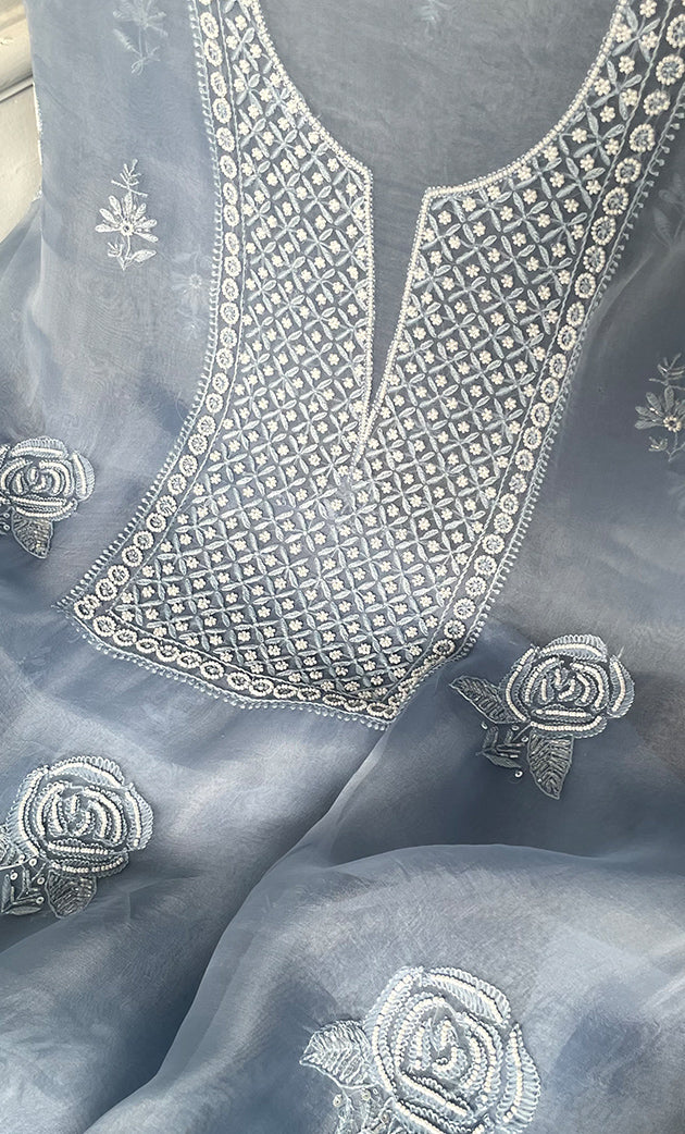 Women's Lakhnavi Handcrafted Pure Organza Chikankari Unstitched Kurta And Dupatta Set- HONC0314162