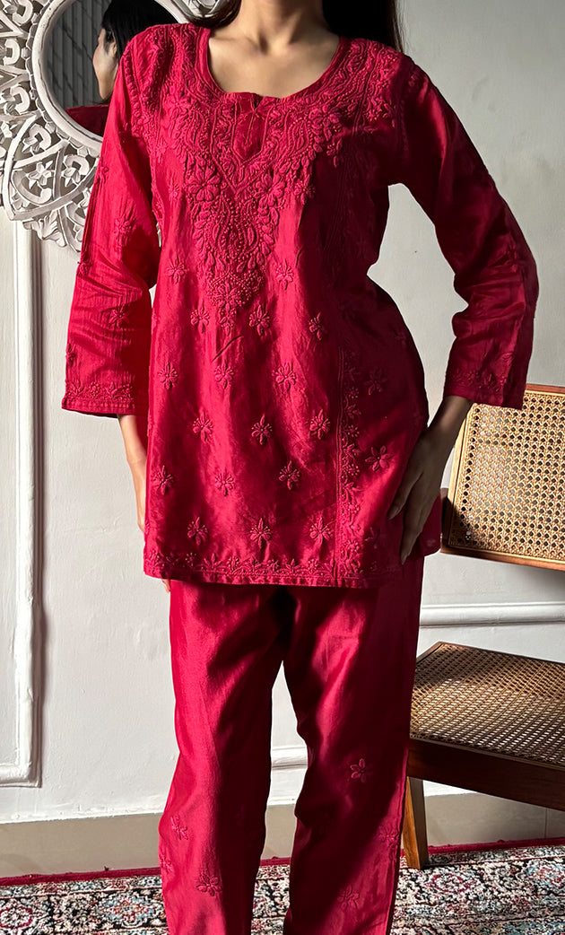 Imara Women's Lakhnavi Handcrafted Chanderi Silk Chikankari Top And Pant Set - HONC0340435