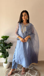 Load image into Gallery viewer, Alfia Women's Lucknowi Handcrafted Pure Organza Silk Stitched Chikankari Kurta, Dupatta With Pant Set- HONC0366950