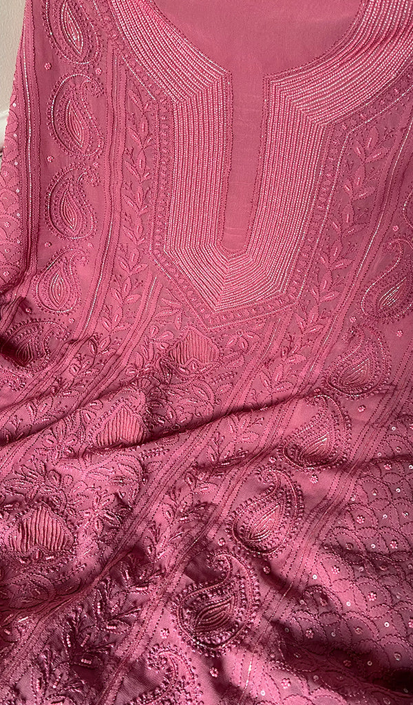 Women's Lakhnavi Handcrafted Viscose Georgette Chikankari Full Suit Material - HONC0258398