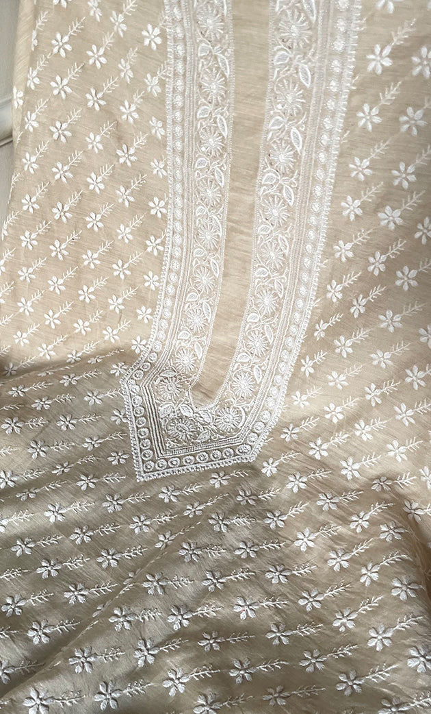 Lucknowi Handcrafted Munga Silk Chikankari Unstitched Unisex Kurta Fabric - HONC0319976