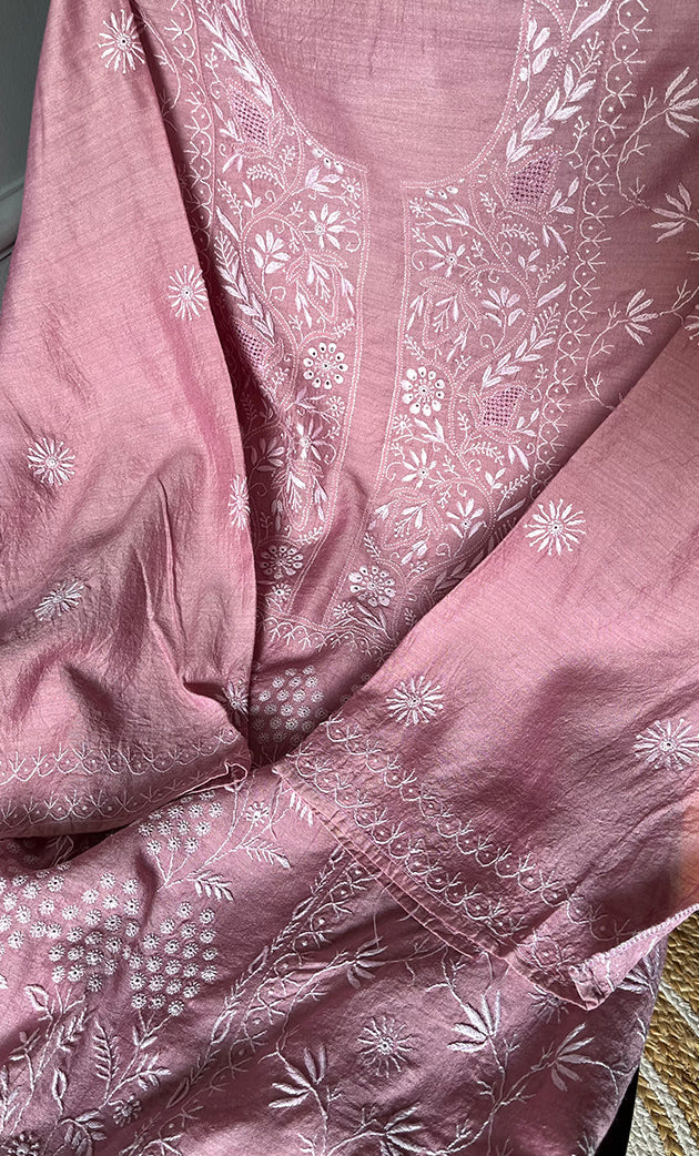 Women's Lakhnavi Handcrafted Munga Silk Semi - Stitched Chikankari Kurta And Dupatta Set- HONC0265424