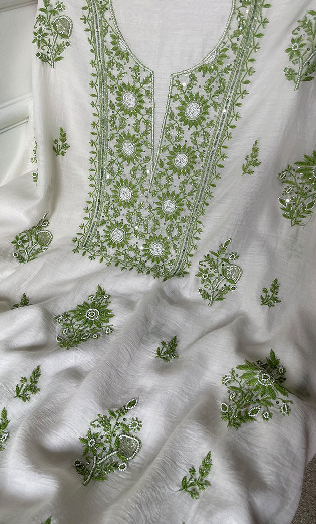 Women's Lakhnavi Handcrafted Unstitched Mul Chanderi Kurta And Dupatta Set - HONC0278135