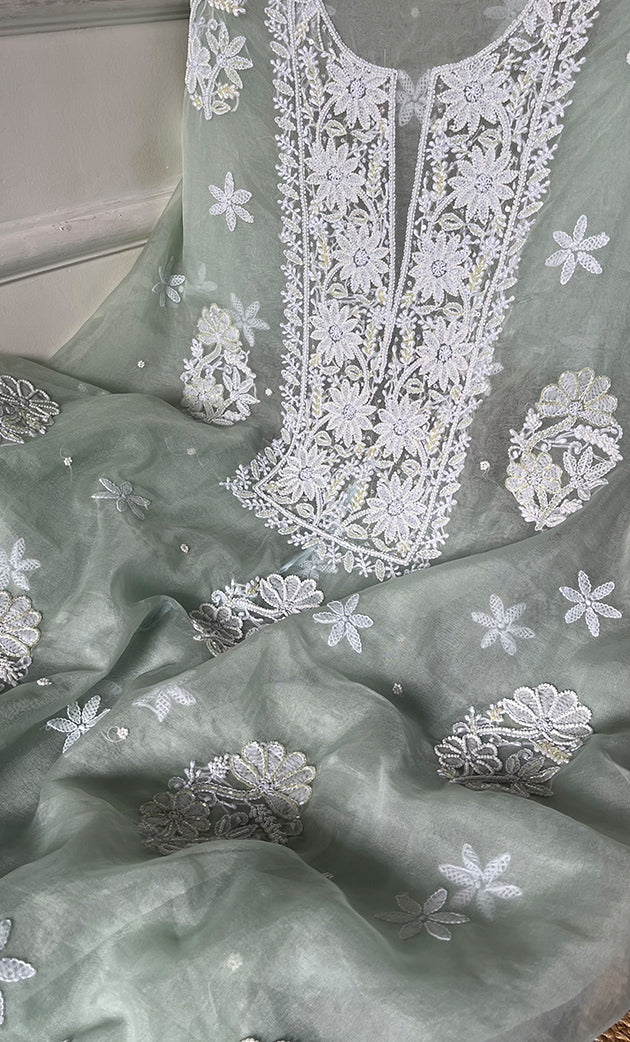 Women's Lakhnavi Handcrafted Organza Chikankari Unstitched Full Suit Material - HONC0270896