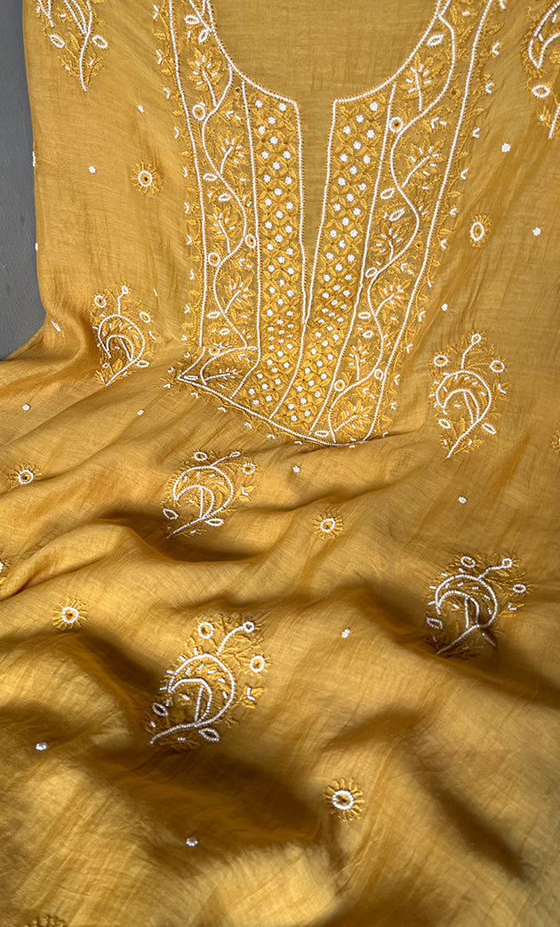 Women's Lakhnavi Handcrafted Mul Chanderi Unstitched Kurta And Dupatta Set- HONC0310813