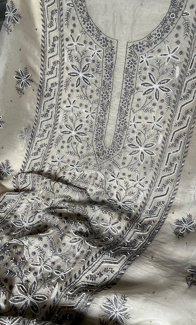 Women's Lakhnavi Handcrafted Pure Organza Chikankari Unstitched Kurta And Dupatta Set- HONC0309618
