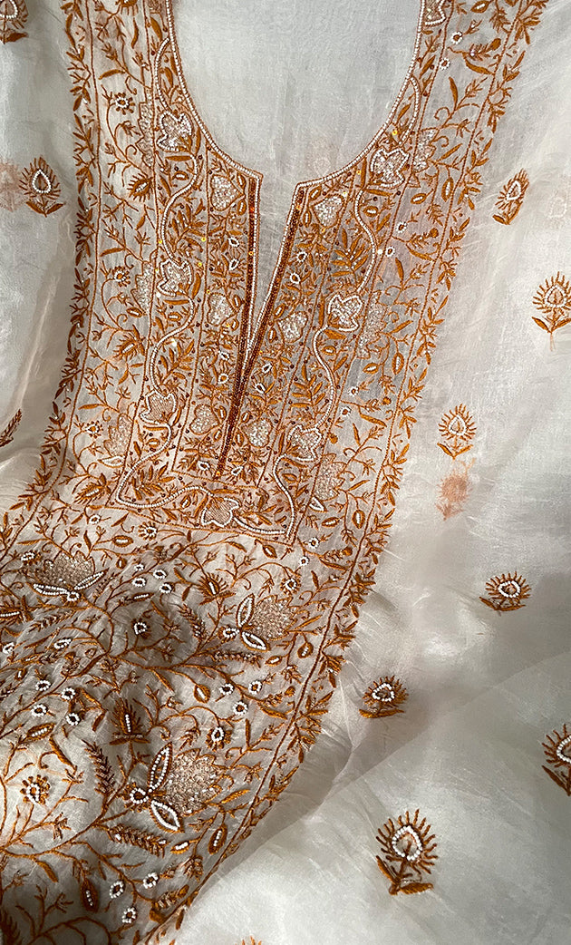 Women's Lakhnavi Handcrafted Pure Organza Chikankari Unstitched Kurta And Dupatta Set- HONC0305187