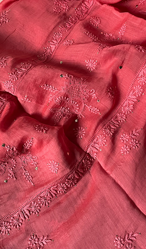 Women's Lakhnavi Handcrafted Mul Chanderi Chikankari Unstitched Kurta Dupatta Set - HONC0236592