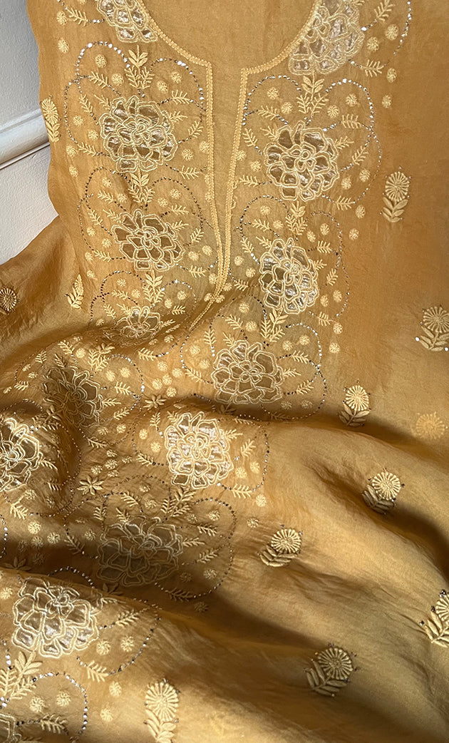 Mainaaj Women's Lakhnavi Handcrafted Pure Organza Chikankari Unstitched Kurta And Dupatta Set - HONC0330933