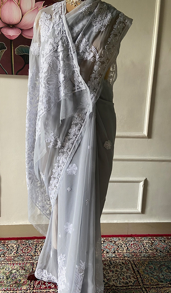 Women's Lucknowi Handcrafted Faux-Georgette Chikankari Saree - HONC0348740