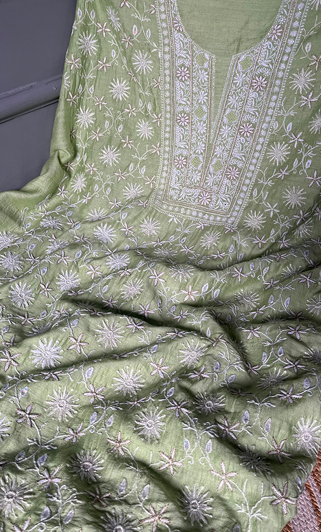 Women's Lakhnavi Handcrafted Munga Silk Chikankari Kurta And Dupatta Set- HONC0278122