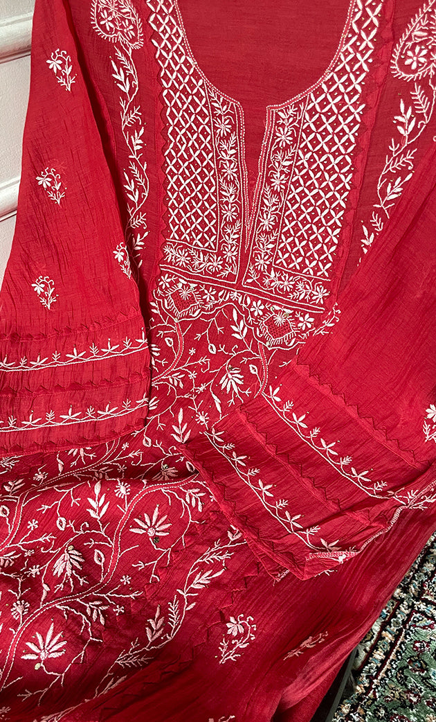 Women's Lakhnavi Handcrafted Semi- stitched Mul Chanderi Kurta And Dupatta Set - HONC0282410