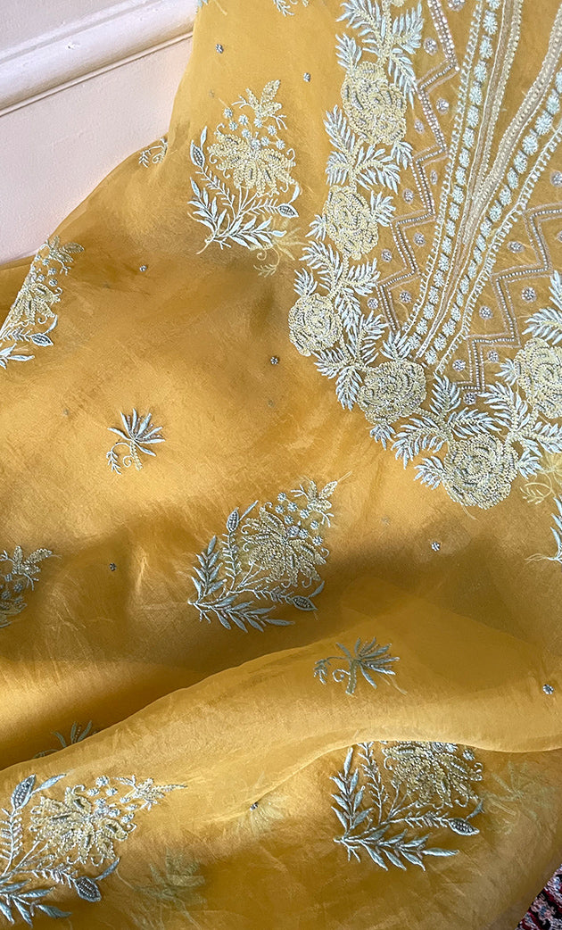 Women's Lakhnavi Handcrafted Pure Organza Chikankari Unstitched Kurta And Dupatta Set- HONC0318668