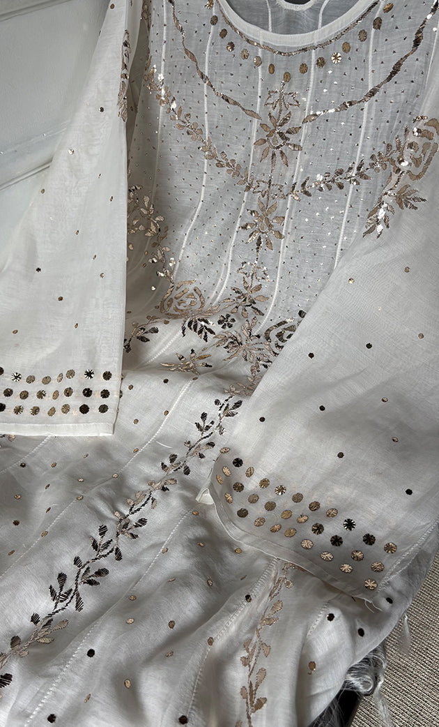 Women's Lakhnavi Handcrafted Mul Chanderi Semi - stitched Kurta And Dupatta Set- HONC0321822