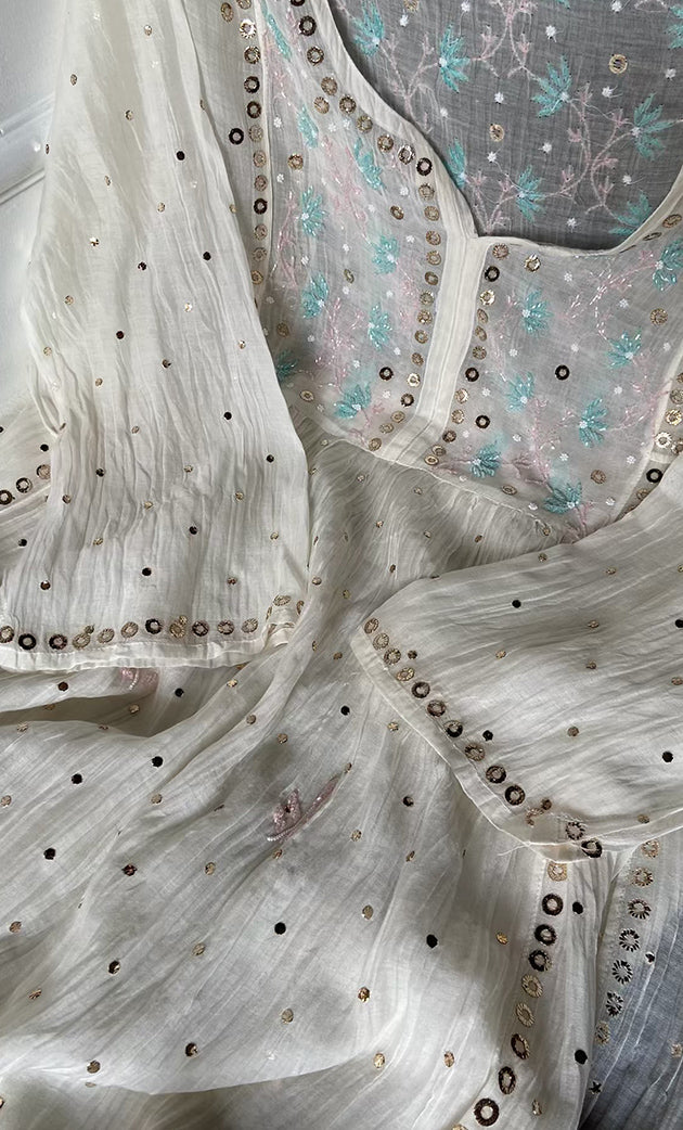 Women's Lakhnavi Handcrafted Mul Chanderi Semi - Stitched Kurta And Dupatta Set- HONC0316296