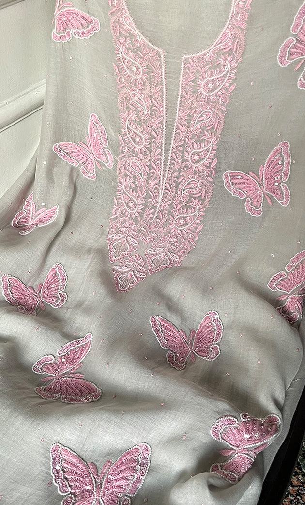 Women's Lakhnavi Handcrafted Unstitched Mul Chanderi Kurta And Dupatta Set - HONC0302863