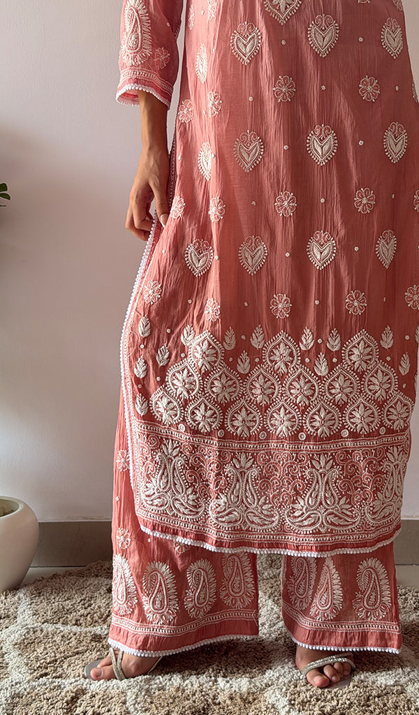 Women's Lucknowi Handcrafted Mul Chanderi Stitched Chikankari Kurta And Plazzo Set- HONC0378780