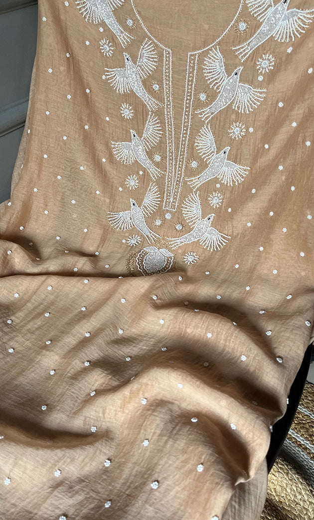 Women's Lakhnavi Handcrafted Mul Chanderi Unstitched Kurta And Dupatta Set- HONC0309595