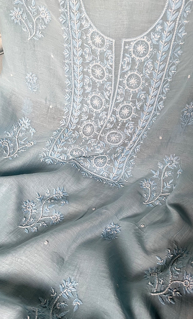 Women's Lakhnavi Handcrafted Mul Chanderi Unstitched Chikankari Full Suit Material - HONC0305473