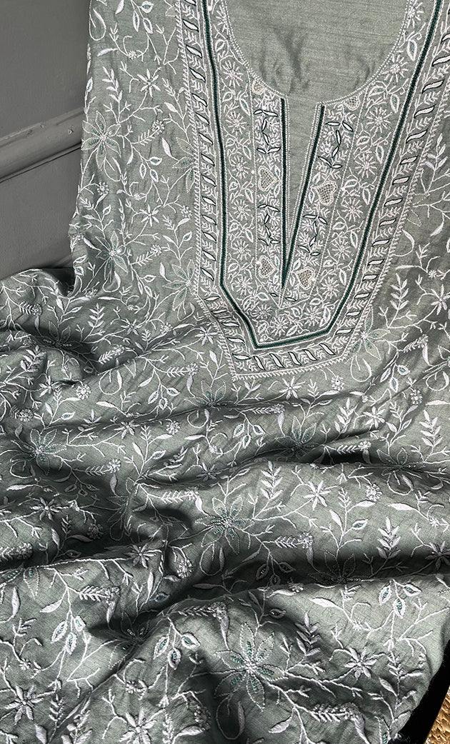 Women's Lakhnavi Handcrafted Munga Silk Unstitched Chikankari Kurta And Dupatta Set- HONC0199320