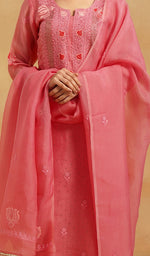 Load image into Gallery viewer, Women's Lucknowi Handcrafted Pure Organza Silk Stitched Chikankari Kurta, Dupatta With Pant Set- HONC0786058