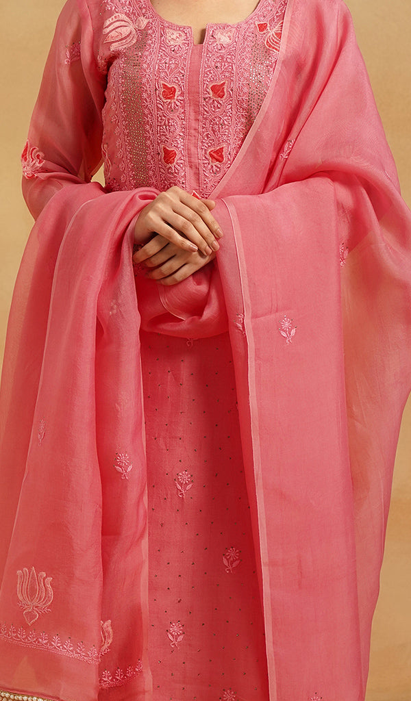 Women's Lucknowi Handcrafted Pure Organza Silk Stitched Chikankari Kurta, Dupatta With Pant Set- HONC0786058