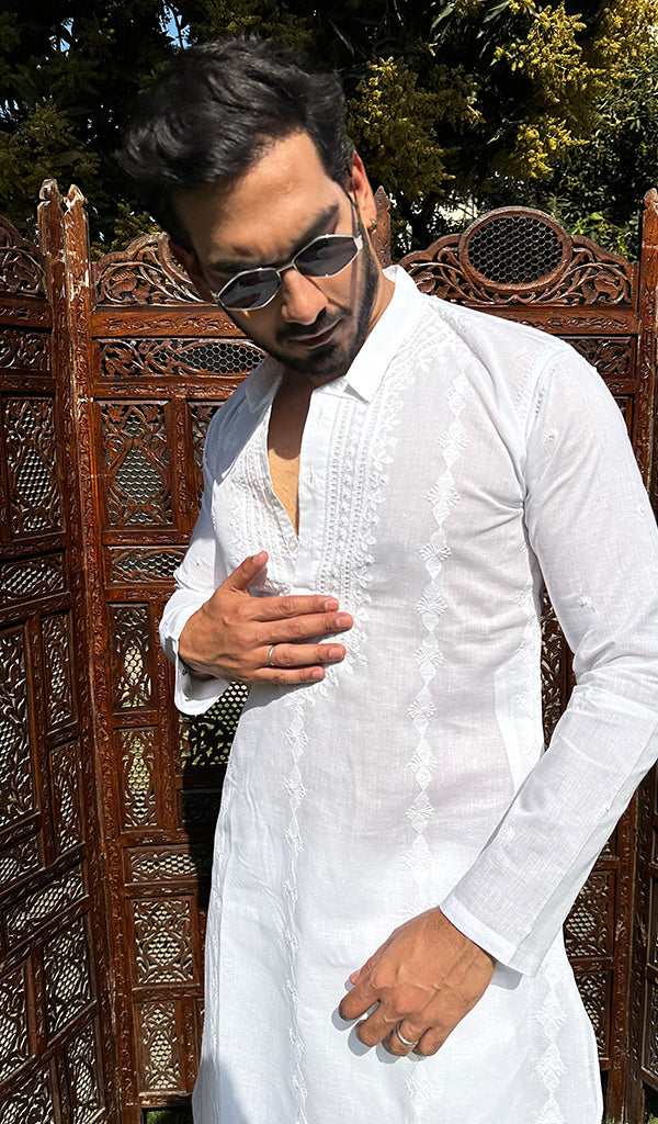 Men's Lucknowi Handcrafted Cotton Chikankari Kurta - HONC0323752