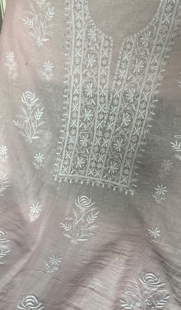Women's Lakhnavi Handcrafted Mul Chanderi Unstitched Chikankari Full Suit - HONC0367573