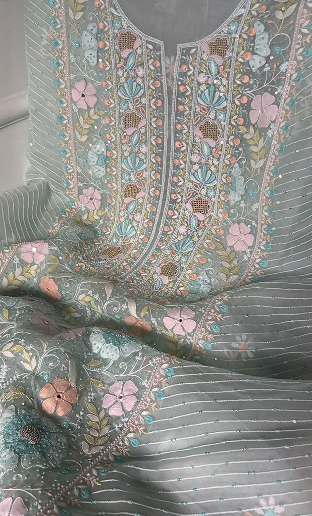 Women's Lakhnavi Handcrafted Pure Organza Chikankari Unstitched Kurta And Dupatta Set- HONC0323650