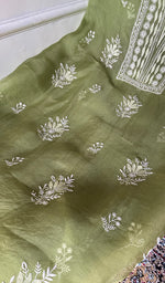 Load image into Gallery viewer, Women's Lakhnavi Handcrafted Pure Organza Chikankari Unstitched Kurta Dupatta Set- HONC0359089