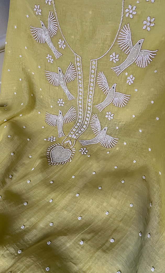 Chidiya Women's Lakhnavi Handcrafted Mul Chanderi Unstitched Chikankari Full Suit Material - HONC0330319
