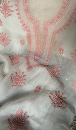 Load image into Gallery viewer, Women's Lakhnavi Handcrafted Pure Organza Chikankari Unstitched Kurta And Dupatta Set- HONC0340872