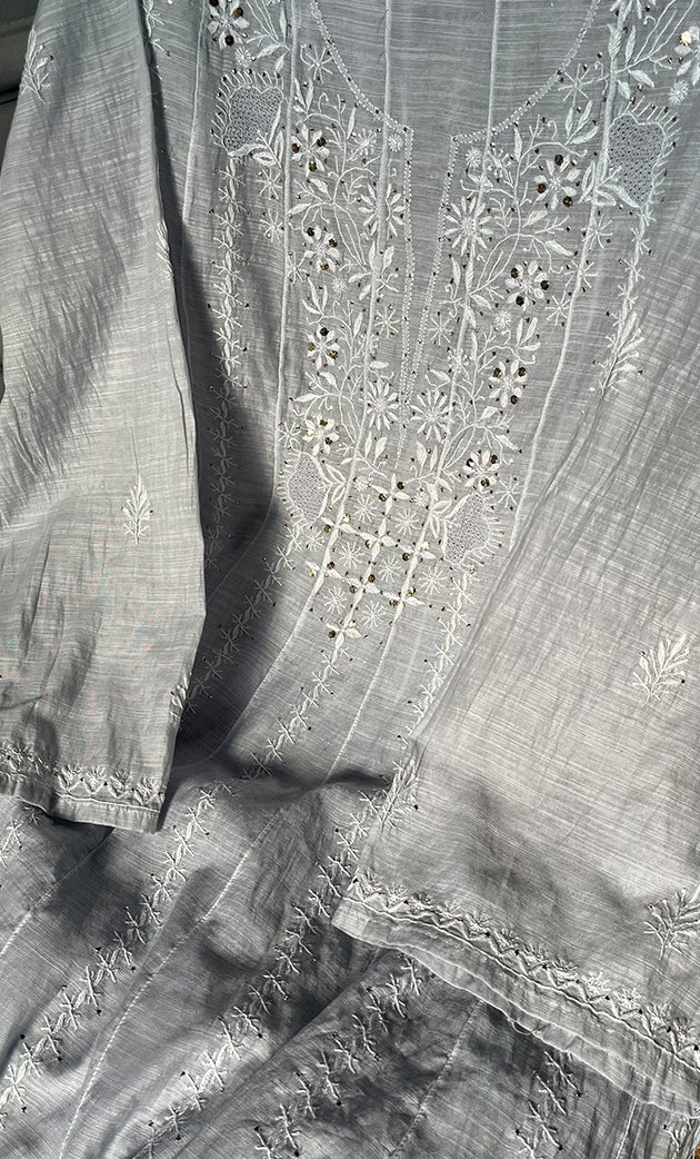 Women's Lakhnavi Handcrafted Linen Cotton Semi -Stitched Anarkali And Dupatta Set - HONC0273149
