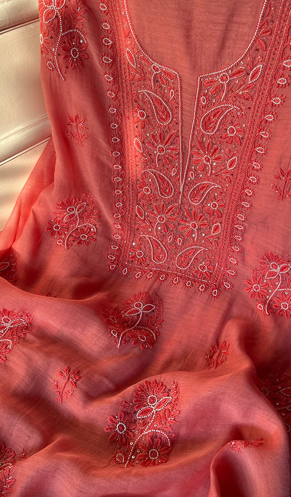 Women's Lakhnavi Handcrafted Mul Chanderi Chikankari Full Suit Material - HONC0260957