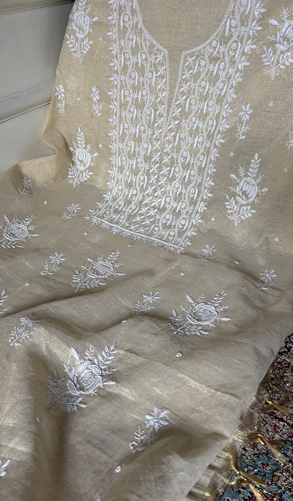 Women's Lakhnavi Handcrafted Tissue Chanderi Unstitched Chikankari Kurta And Dupatta Set - HONC0347705