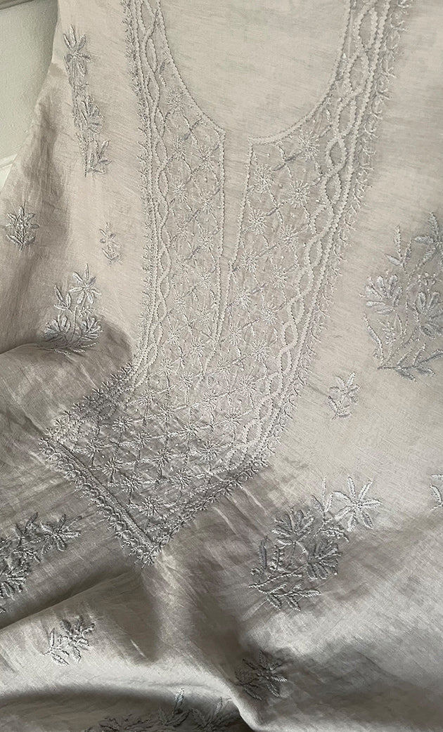 Women's Lakhnavi Handcrafted Mul Chanderi Unstitched Chikankari Full Suit Material - HONC0319531