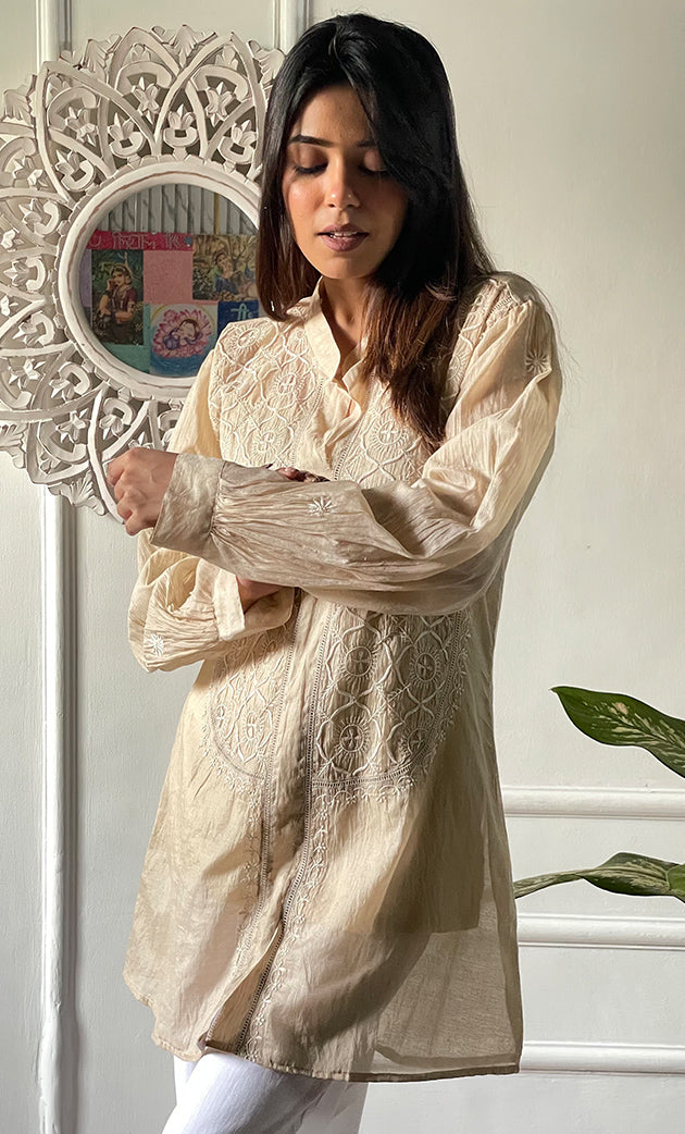 Women's Lakhnavi Handcrafted Mul Chanderi Chikankari Top - HONC0312897