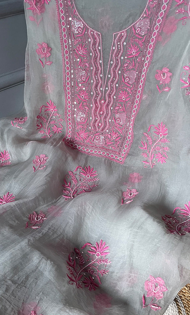 Women's Lakhnavi Handcrafted Pure Organza Chikankari Unstitched Kurta And Dupatta Set- HONC0303193