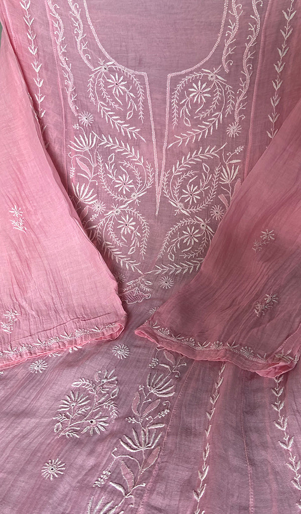 Women's Lakhnavi Handcrafted Mul Chanderi Chikankari Unstitched Kurti Fabric - HONC0311869