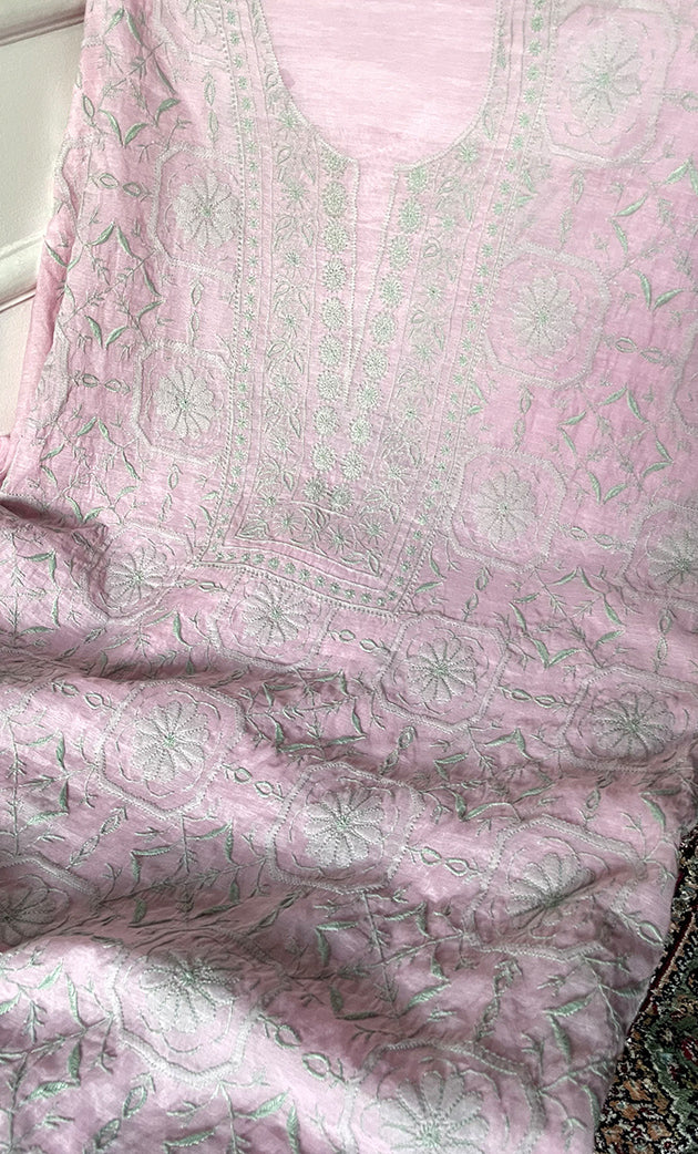 Women's Lakhnavi Handcrafted Mul Chanderi Unstitched Chikankari Full Suit Material - HONC0319506