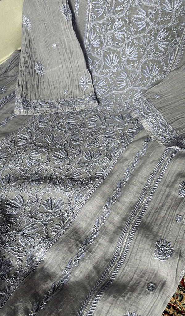 Women's Lakhnavi Handcrafted Mul Chanderi Semi - Stitchd Kurta  And Dupatta Set - HONC0344314
