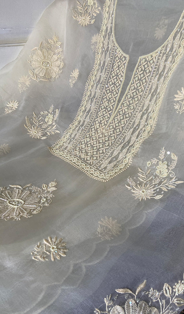 Women's Lakhnavi Handcrafted Pure Organza Chikankari Unstitched Kurta And Dupatta Set- HONC0333533