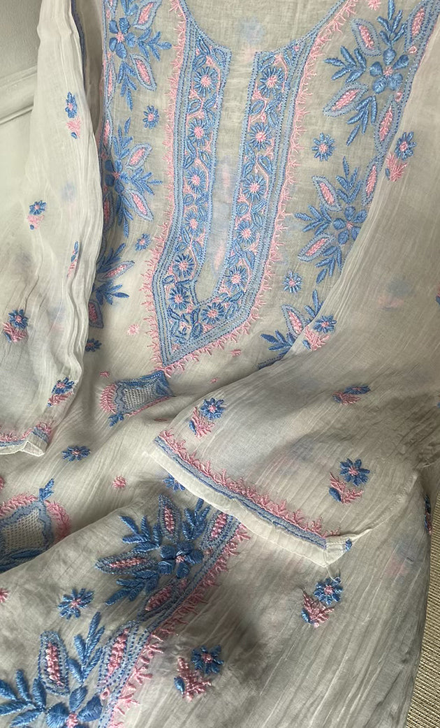 Women's Lakhnavi Handcrafted Mul Chanderi Semi - stitched Kurta And Dupatta Set- HONC0314874