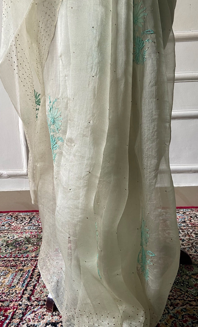 Women's Lucknowi Handcrafted Pure Organza Silk Chikankari Saree - HONC0296104