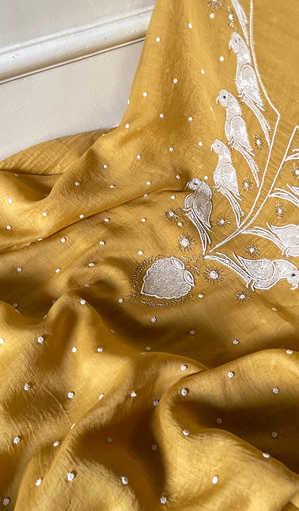 Chidiya Women's Lakhnavi Handcrafted Mul Chanderi Unstitched Chikankari Full Suit Material - HONC0320726