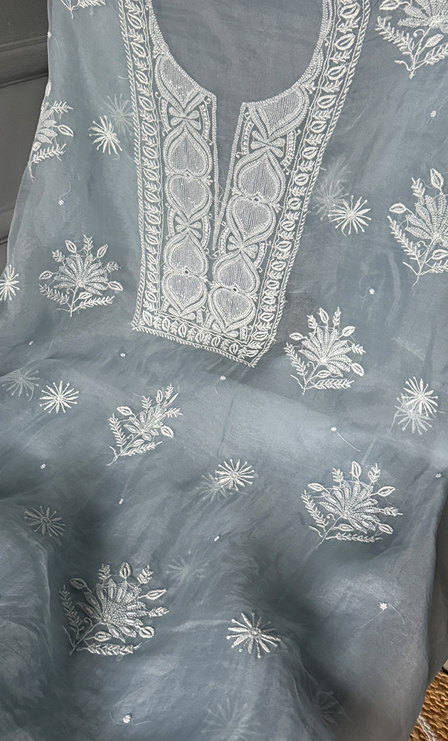 Women's Lakhnavi Handcrafted Pure Organza Chikankari Unstitched Kurta And Dupatta Set- HONC0304487