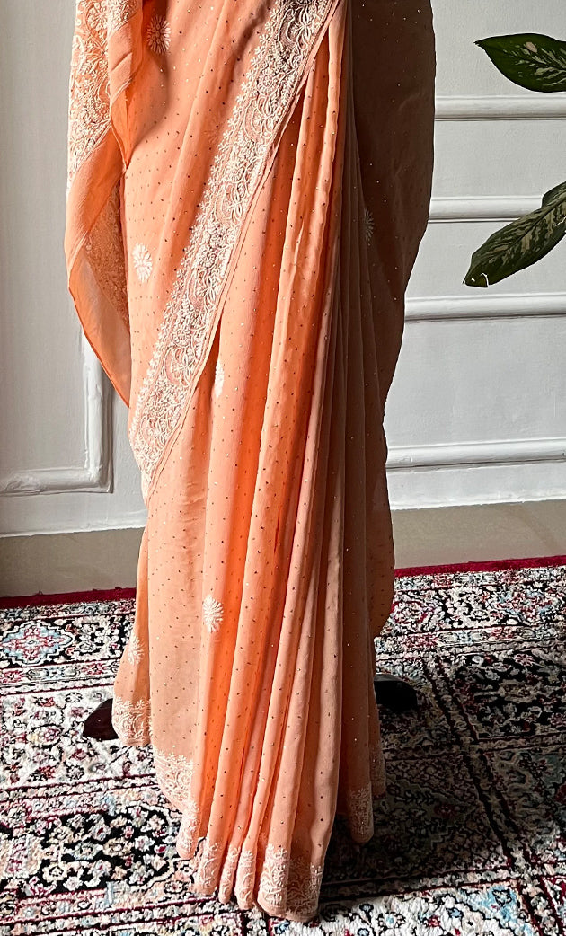 Women's Lakhnavi Handcrafted Pure Silk Georgette Chikankari Saree - HONC0313294