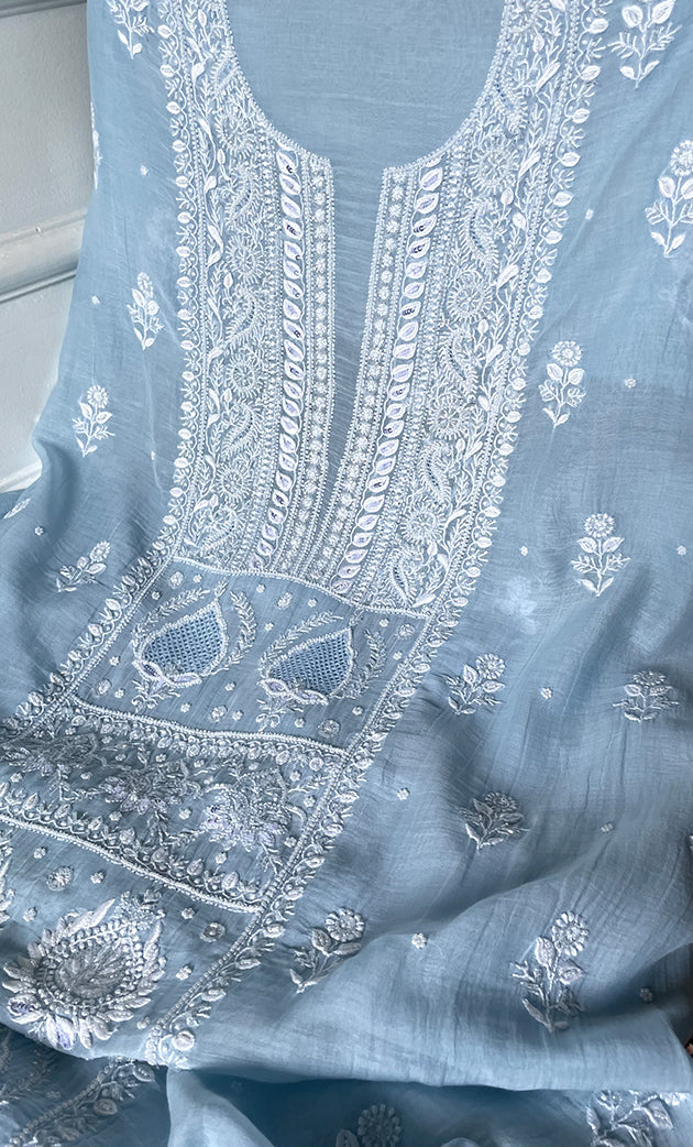 Women's Lakhnavi Handcrafted Unstitched Mul Chanderi Kurta And Dupatta Set - HONC0322456