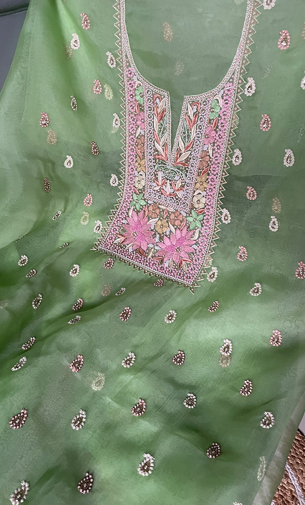 Women's Lakhnavi Handcrafted Pure Organza  Silk Chikankari Unstitched Full Suit Material - HONC0267226